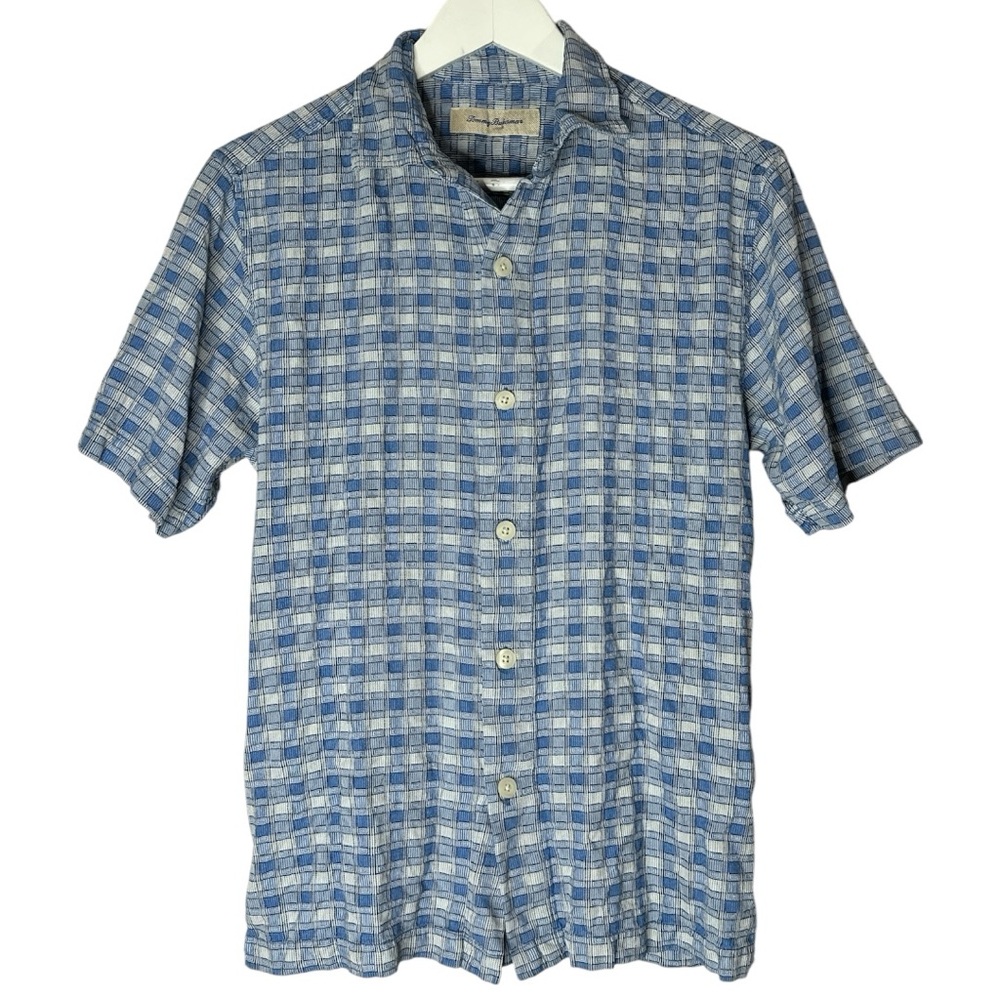 Tommy Bahama Silk Blue Checkered Short Sleeve Button Down Shirt Small